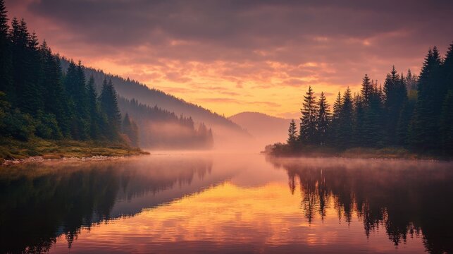 A beautiful lake with a sunset in the background. The water is calm and the trees are tall