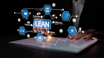 A digital interface showcases the concept of lean management, emphasizing key elements like efficiency, production, and waste reduction in a business context. Tessel