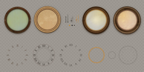 Fototapeta na wymiar Vintage clock creation kit with classic roman numerals and golden pointers. DIY set of antique watch faces, elegant dials and decorative arrows for designing timeless wooden or metal clockwork pieces