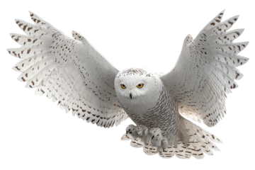 A snowy owl in mid-flight, wings spread wide, looking directly at the viewer
