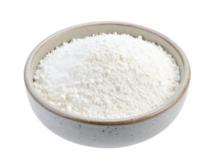 A bowl filled with finely ground white powder, commonly used as a baking ingredient or for culinary purposes