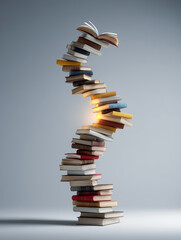 A high stack of books of balancing as a symbol of growth, development and self-education 