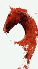 An abstract poster design with a head of a horse made of red paint splashes and strokes in the form of a circle 
