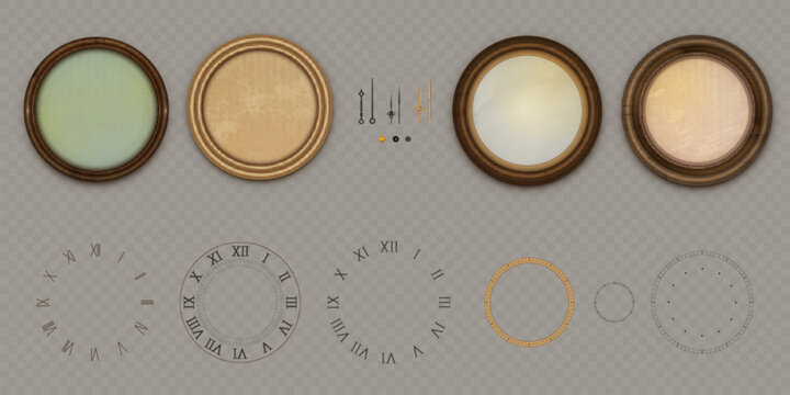 Vintage clock creation kit with classic roman numerals and golden pointers. DIY set of antique watch faces, elegant dials and decorative arrows for designing timeless wooden or metal clockwork pieces