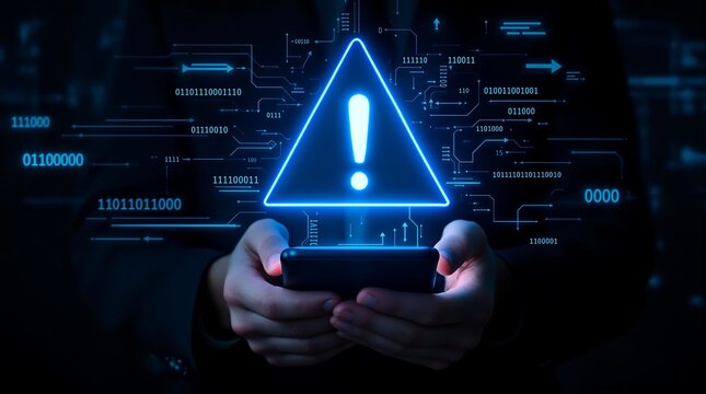 Cyber security alert on mobile phone showing exclamation mark triangle warning sign and binary code data
