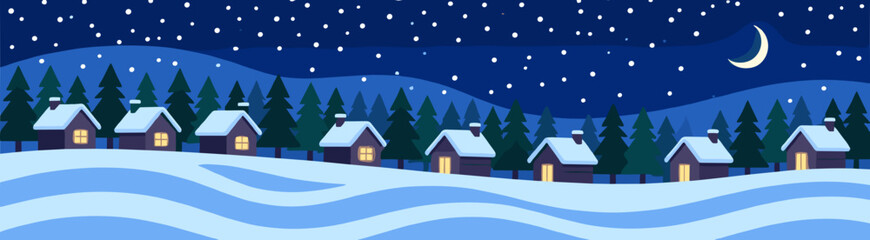 Naklejka premium Winter night village panorama with snowy landscape