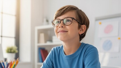 Smart young boy with glasses thinking in classroom. Portrait of happy student with thoughtful expression looking up. Education and learning concept