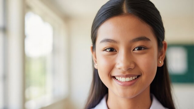 Close-up portrait of happy Asian teenage student girl smiling. Cheerful female pupil in school uniform looking at camera in classroom - Powered by Adobe