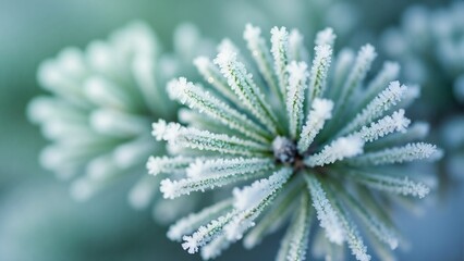Macro close-up of frosted pine branch in winter. Evergreen needles covered with ice crystals on cold morning. Natural winter background with cool blue tone