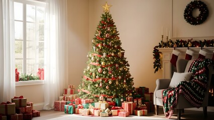 A beautifully decorated Christmas tree sparkles with lights and ornaments in a warm living room, surrounded by a generous display of wrapped gifts, creating a festive and joyful atmosphere