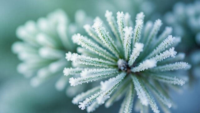 Macro close-up of frosted pine branch in winter. Evergreen needles covered with ice crystals on cold morning. Natural winter background with cool blue tone - Powered by Adobe