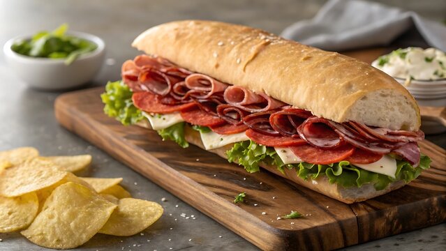 Delicious salami and ham sandwich on a wooden board with potato chips