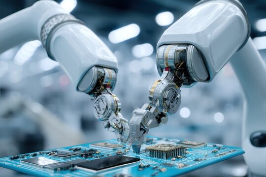 Robotic arms assembling a computer circuit board - Powered by Adobe