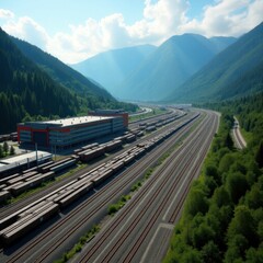 Aerial view of a large industrial train yard nestled in a mountain valley