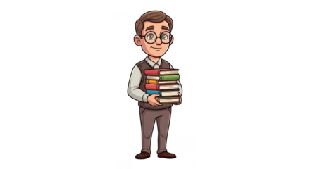 Animated character carrying stack of books