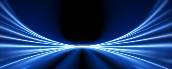 Radial motion blur creating dynamic tunnel effect with glowing trails. Blue light rays burst on dark backdrop for racing scenes, futuristic tech designs and fast paced digital artwork.