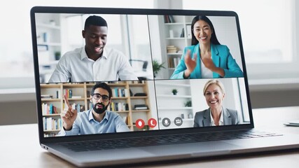 Engaging virtual meeting with diverse professionals discussing ideas, showcasing dynamic expressions and gestures, camera pans across participants - Powered by Adobe