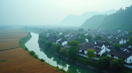 Misty morning over a traditional chinese village with a winding river
