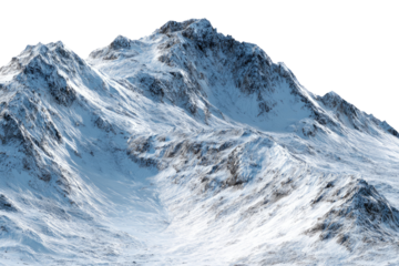 Jagged snow-covered mountain range under a neutral sky, with deep crevices and rough texture