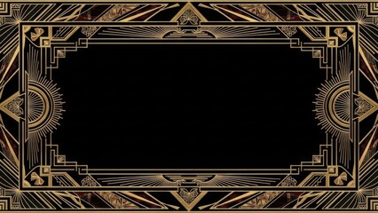 ornate art deco frame with geometric gold accents and black background for vintage design or