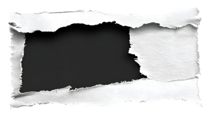 Roughly torn white paper frame with jagged edges revealing a dark void perfect for graphic design elements and creative compositions isolated on transparent background