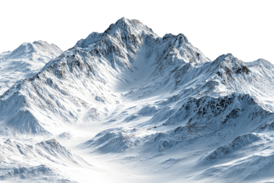 A high-angle, snow-covered mountain range with jagged peaks, captured against a transparent background - Powered by Adobe