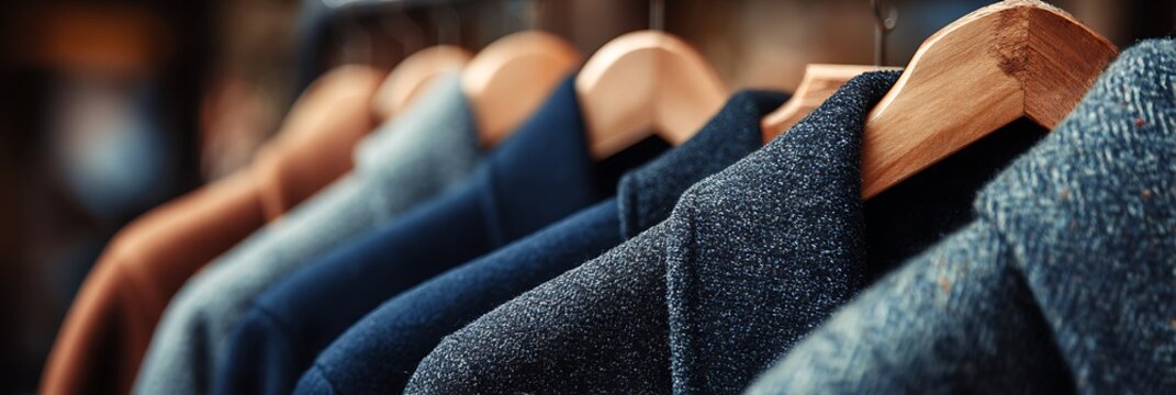 Closeup of mens winter coats hanging on wooden hangers