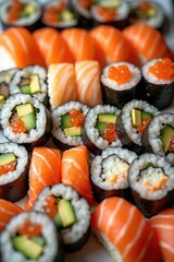 Delicious assortment of fresh salmon sushi and rolls
