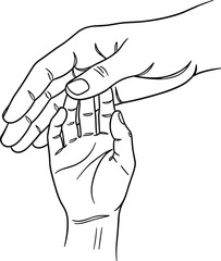 Line Drawing of an Adult Hand Gently Holding a Child's Hand gentle