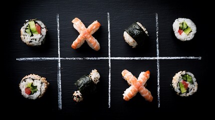 Sushi and shrimp playing tictactoe on a dark slate board