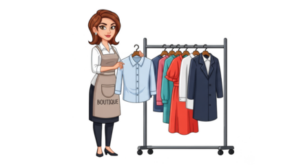 Cartoon boutique owner displays shirt