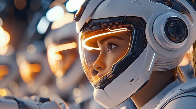 A woman wearing a futuristic helmet looks towards the light. The image has a futuristic theme with a shallow depth of field, indoors.