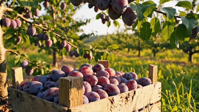 Harvesting Ripe Purple Plums in a Sunny Orchard Garden.