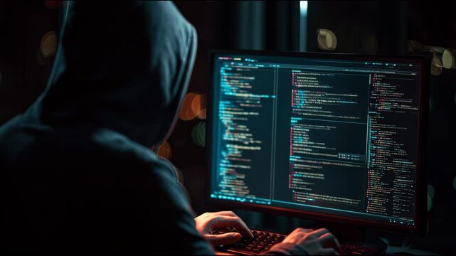 Anonymous computer programmer typing code on a keyboard in a dark room at night