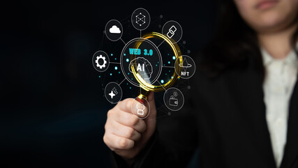 The Web 3.0 technology ecosystem, the next generation of the internet. A concept of a decentralized web with AI, blockchain, NFT, and cryptocurrency. Motif