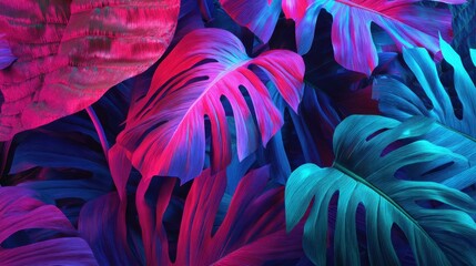 Naklejka premium A colorful image of leaves with a blue and purple hue. The leaves are in a forest setting and appear to be very large