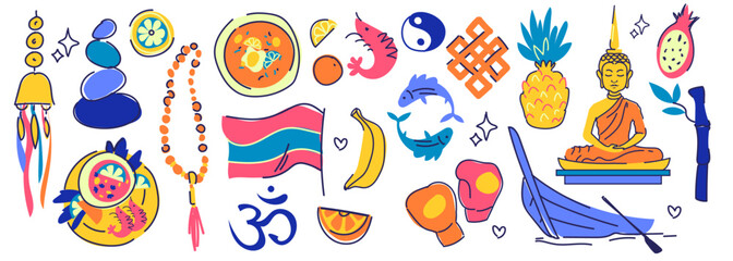 Thailand culture and religion symbols set isolated on white. Vector illustration of meditating Buddha statue, local fruit and seafood dishes, national flag, tourist boat, Bangkok vacation travel icons