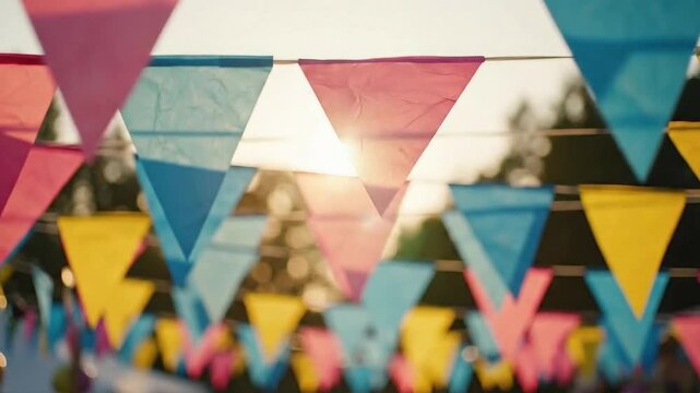 Colorful triangular pennant banners hanging outdoors at a festive summer event.