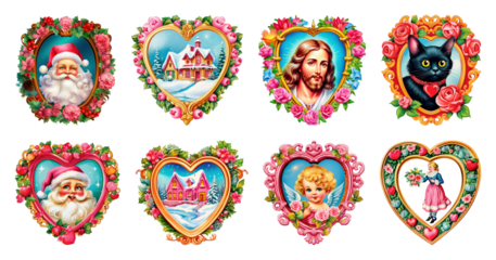 PNG Vintage heart-shaped festive illustrations, element set on transparent background