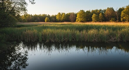 Vast natural marshland scene under a clear sky, featuring still water reflecting tall reeds and diverse wetland vegetation, showcasing a pristine ecosystem ,fresh ,horizon ,clear