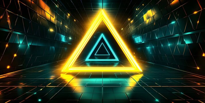 Vibrant neon geometric tunnel with glowing yellow and blue triangles leading into a futuristic abstract digital cyberspace - Powered by Adobe