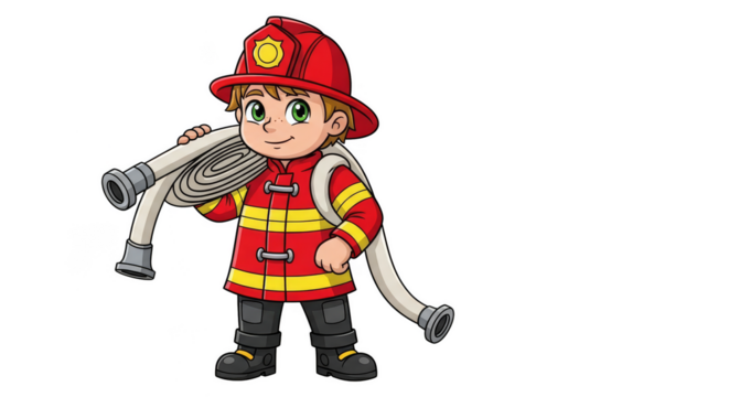 Cartoon firefighter carries coiled hose - Powered by Adobe