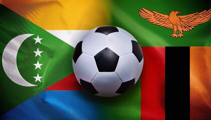 soccer ball between zambia and comoros flag on each side background