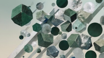 Abstract composition of various geometric shapes, including cubes, pyramids, and spheres, in muted greens, grays, and whites, set against a pale background with diagonal lines