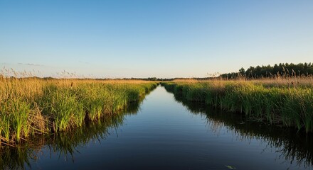 Vast natural marshland scene under a clear sky, featuring still water reflecting tall reeds and diverse wetland vegetation, showcasing a pristine ecosystem ,growth ,green ,wilderness