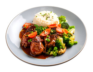 Fototapeta premium A plate of savory beef stew with vegetables and rice served on a white dish