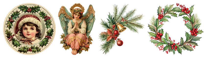 Fototapeta premium PNG Vintage Christmas holiday decorations illustration, element set on transparent background