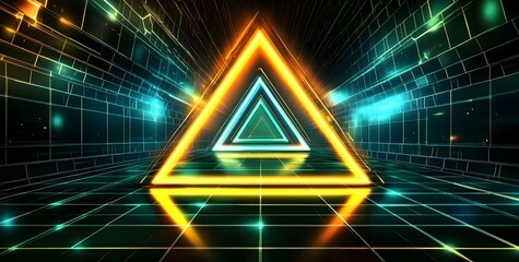 Vibrant neon geometric triangle portal glowing with electric energy in a futuristic digital cyberspace tunnel with grid floor reflections