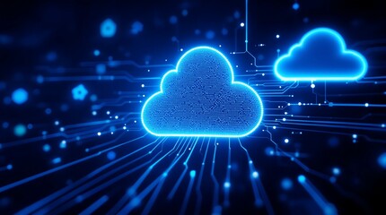 Cloud computing technology concept with blue network connection and data transfer background design idea