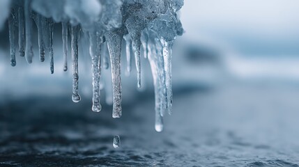 A frozen waterfall is dripping water into the ocean. Concept of tranquility and beauty, as the ice crystals fall gracefully into the water. The contrast between the frozen waterfall